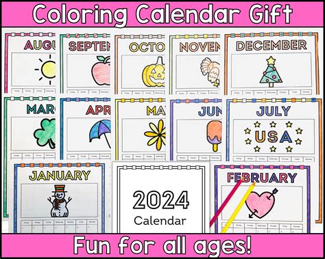 2024 Coloring Calendar Printable. Kids Calendar. Holiday Parent Gift. Montesori Materials ...