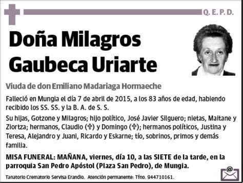 Gaubeca Uriarte Milagros Esquela Necrol Gica El Correo