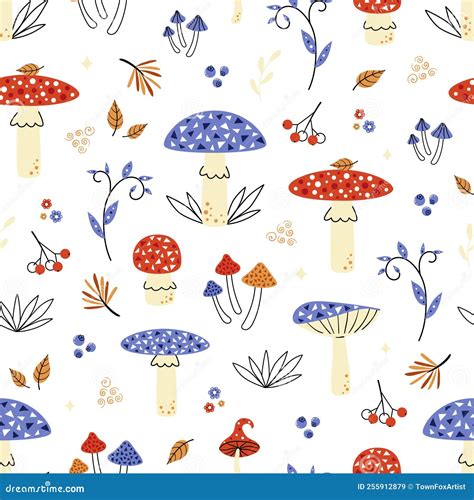 Cute Autumn Seamless Background With Amanita Leaves And Forest Berries