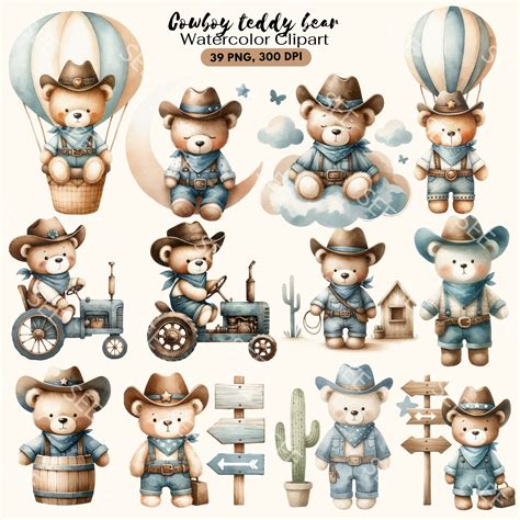 Watercolor Cowboy Teddy Bear Clipart Bundle Teddy Bear Clipart Baby