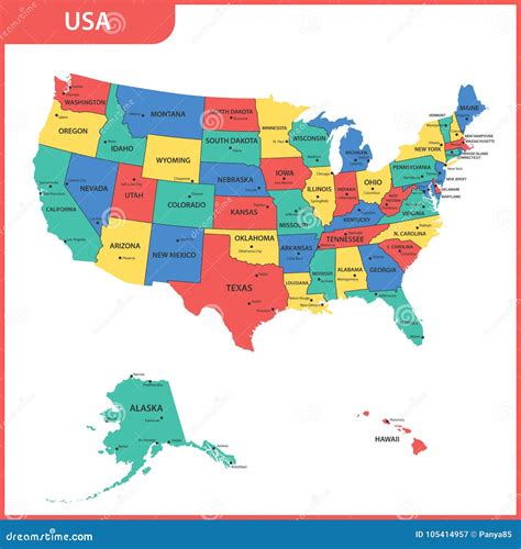 Szczeg Owa Mapa Usa Z Regionami Stany Lub Miasta Kapita Ameryki