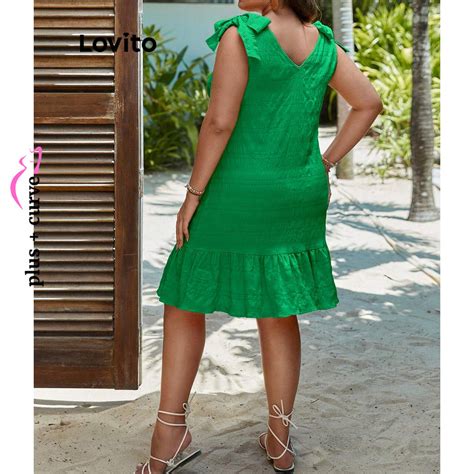 Lovito Plus Size Women Boho Plain Lace Up Ruffle Double Layer Dress