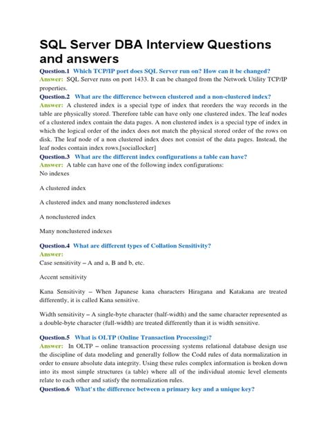 Sql Server Dba Interview Questions And Answers Answer Databases