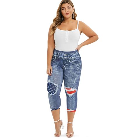 Rosegal For Women Jeggings American Flag 3d Printed Skinny Capri Plus