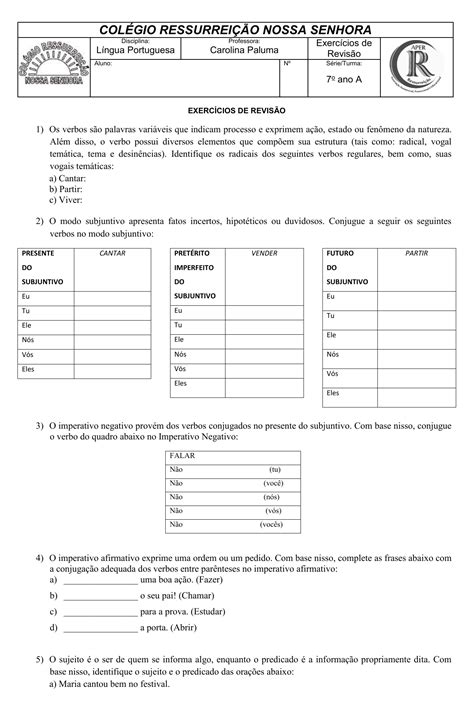 Atividades Estrutura Do Verbo 7o Ano Várias Estruturas