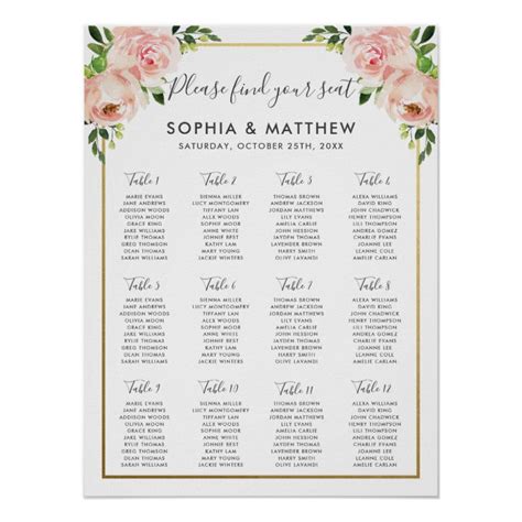 Elegant Blush Floral Wedding Seating Chart Zazzle