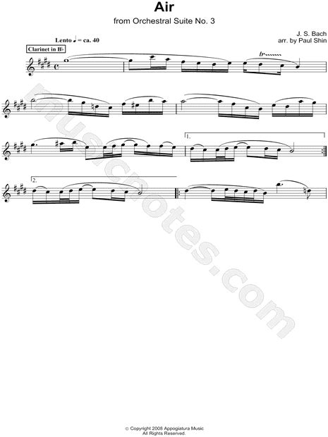 Johann Sebastian Bach Air On The G String Clarinet Sheet Music In E Major Download And Print