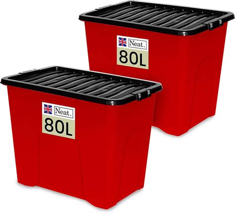 Neat 80l Storage Boxes With Lids Red Base And Black Clip Lid Ideal For