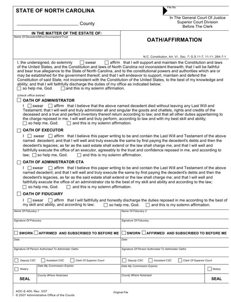 Form AOC E 400 Download Fillable PDF Or Fill Online Oath Affirmation ...