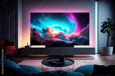 Elegant living room with big tv screen. Generative ai. Stock ...