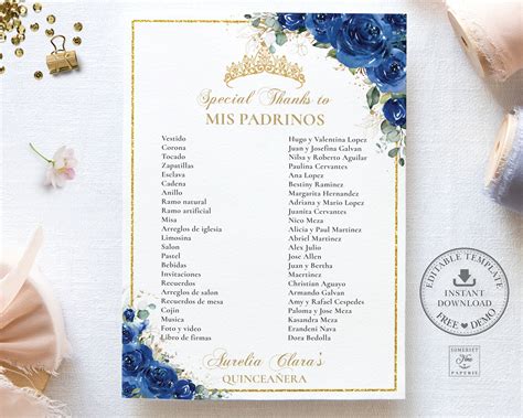 Royal Blue Floral Quinceañera Mis Padrinos List Printable - Etsy