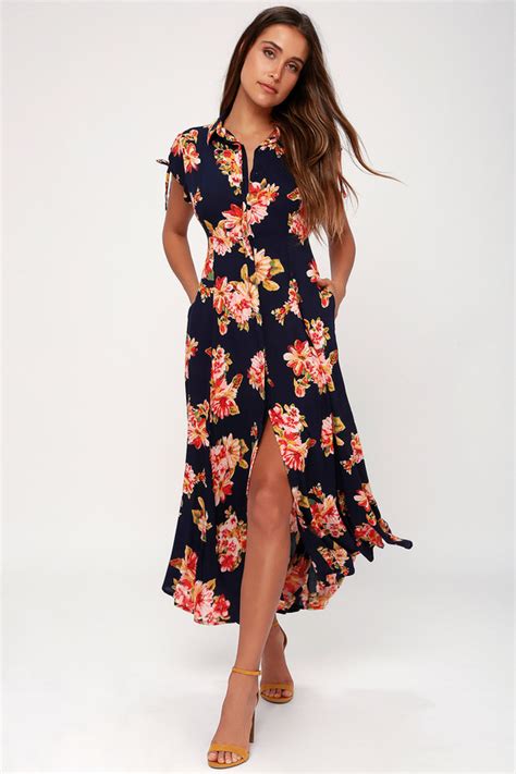 Boho Dress Midi Dress Navy Blue Floral Print Dress Lulus