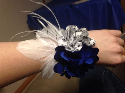 Handmade Wrist Corsage For Prom Blue And Music Notes With Feathers