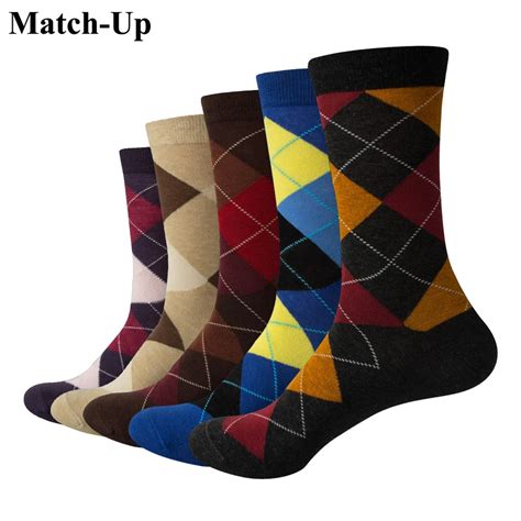 Match Up Men Colorful Argyle Cotton Crew Socks Brand Business Socks 5 Pairs Lot In Socks