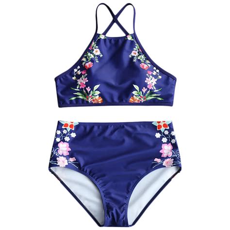 High Waist Bikini Sexy Criss Cross Women Swimsuit Strap Backless Bikini Padded Floral Print Swim