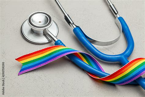 Stethoscope And Lgbt Rainbow Ribbon Pride Symbol Medical Support After