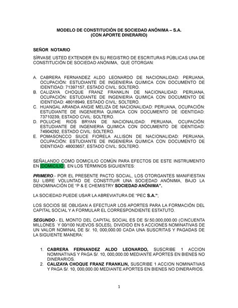 Formato De Minuta Sociedad Anonima Efectivo Modelo De Constituci N De