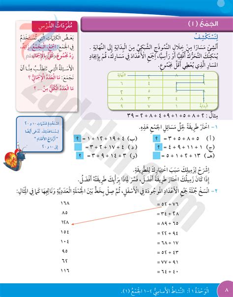 حل كتاب التلميذ صفحة 8 الجمع 1 لمادة الرياضيات للصف الرابع الفصل