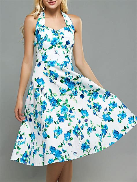 [53 Off] Floral Print A Line Halter Neck Dress Rosegal