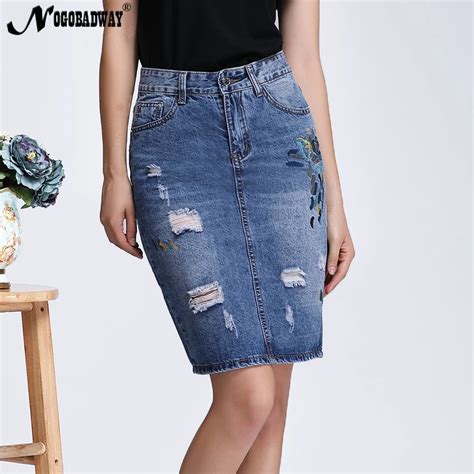 Plus Size S 4xl Embroidered Denim Skirts High Waist Women 2018 Spring