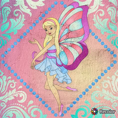 A Drawing Of A Fairy On A Pink And Blue Wall With Swirly Designs In The