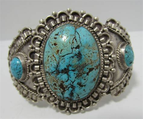 Large Turquoise Cuff Bracelet Sterling Silver 80gr Auction