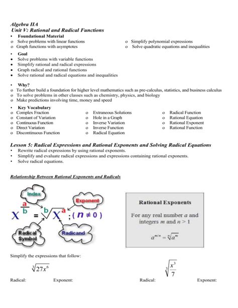 Algebra IIA Unit V Rational And Radical Functions