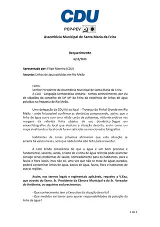 Requerimento da cdu sobre linhas de água poluídas em rio meão PDF