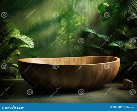 A Bathtub in Front of a Green Wall with Plants on the Walls and ...