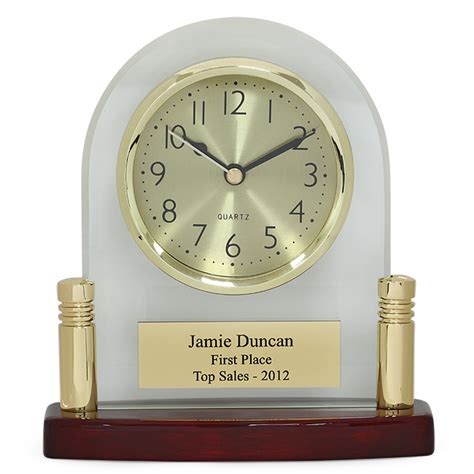 Arched Glass Personalized Desk Clock With Piano Finish Base Executive