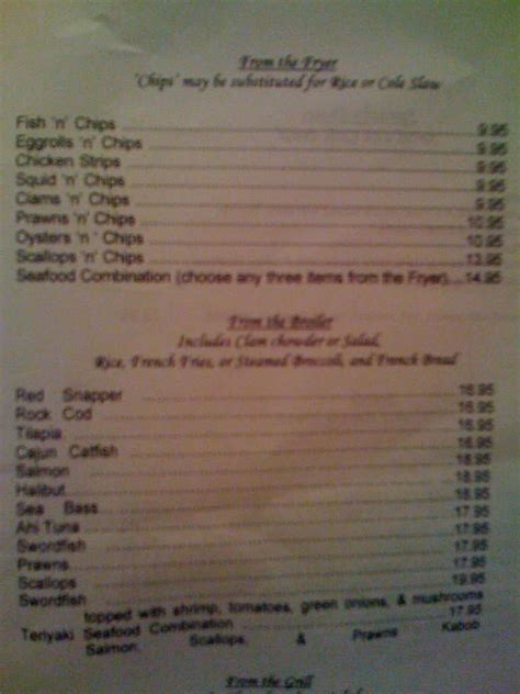 Menu at Sea Harbor Fish Market restaurant, Salinas