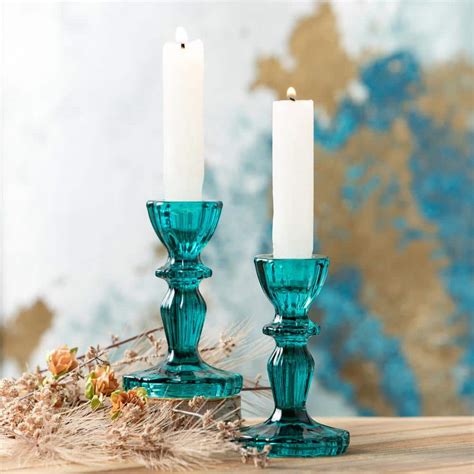 Sullivans 4 In X 45 In Teal Blue Glass Candlestick Holders Set Of 2 G8395 The Home Depot