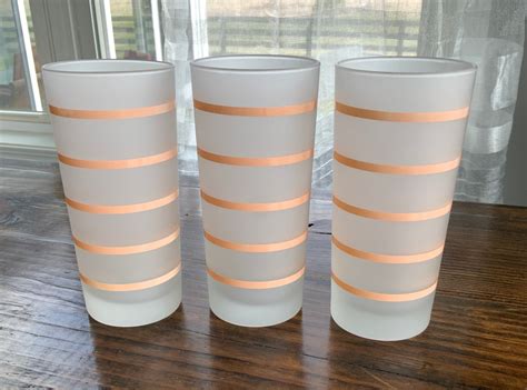 Vintage Mid Century Frosted Collins Glasses With Peach Stripes Set Of 3 Etsy