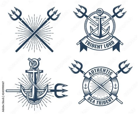 Vintage hipster navy tattoo logos with crossed tridents ribbons and ...