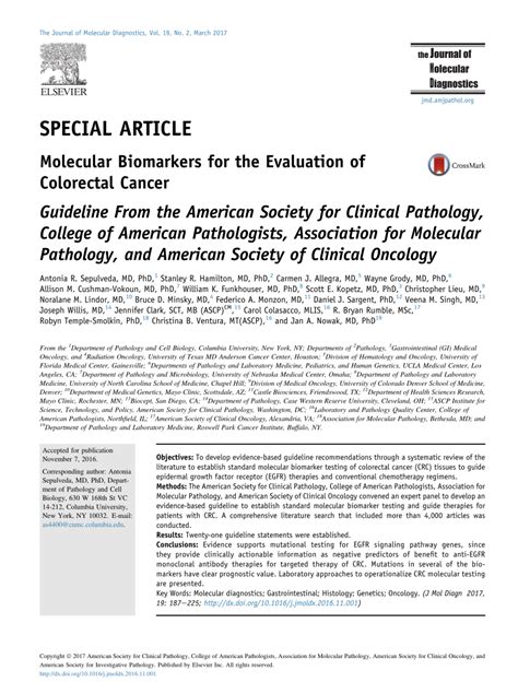 Pdf Molecular Biomarkers For The Evaluation Of Colorectal Cancer Guideline From The American