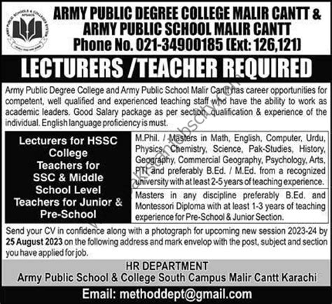 Army Public Degree College Malir Cantt Jobs Lecturers