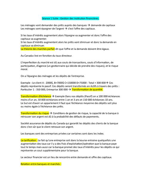 Prise de notes gestions des instituations financières Séance 1 Suite