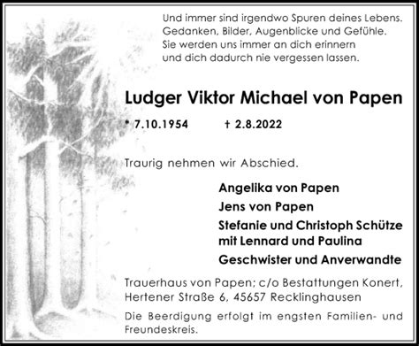 Traueranzeigen Von Ludger Viktor Michael Von Papen Sich Erinnern De