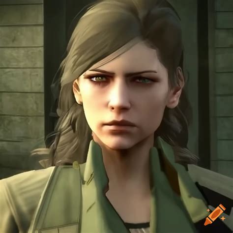 Pale Woman With Green Eyes And Black Hair Pulled Back In Metal Gear