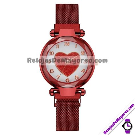 Reloj De Metal Mesh Con Caratula En Diseño Blanca con Corazon Rojo