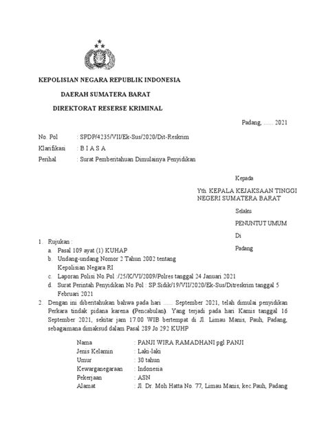 4surat Pemberitahuan Dimulainya Penyidikan Pdf