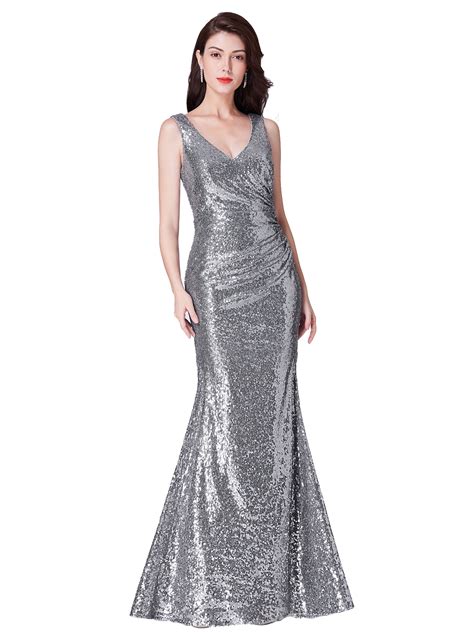 Ever Pretty V Neck Formal Sequins Homecoming Dresses Long Silver Prom