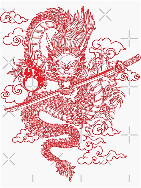 Red Chinese Dragon With Black Background Sticker For Sale By