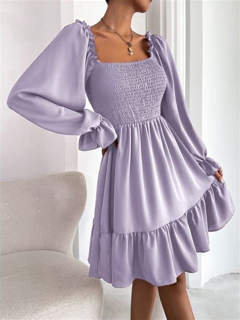 Square Neck Shirred Bodice Flounce Sleeve Ruffle Hem Dress In 2022