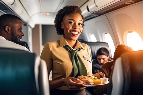 Premium Photo An Africanamerican Flight Attendant Delivers Lunch To