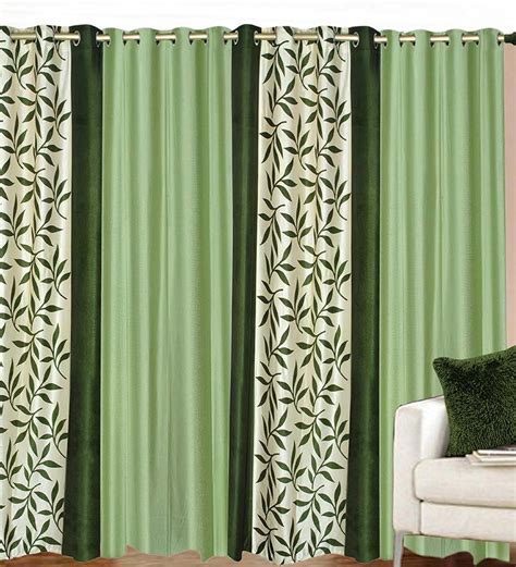 Azaani Combo Of 4 Polyester Printed Solid Green Eyelet Door Curtain