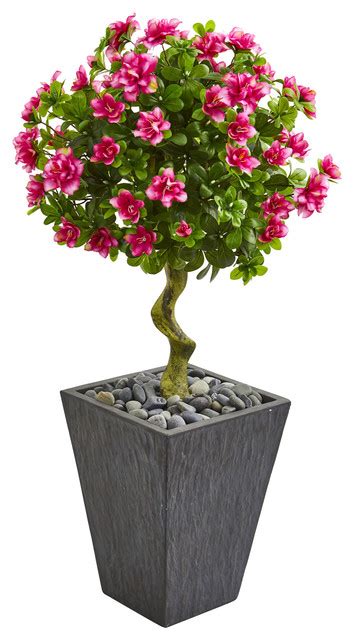 Nearly Natural 35 Azalea Artificial Topiary Tree In Slate Finished Planter Contemporary