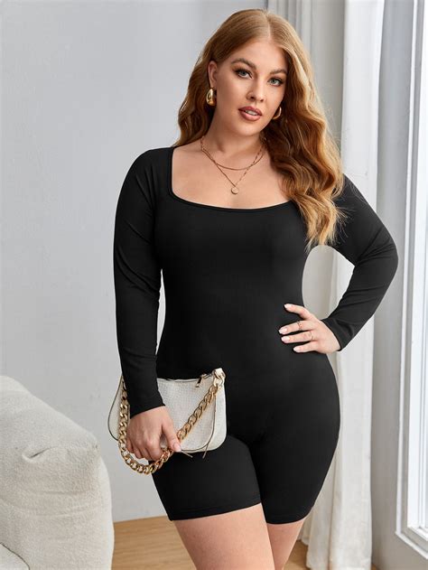 Shein Essnce Plus Square Neck Ribbed Knit Unitard Romper Shein Usa