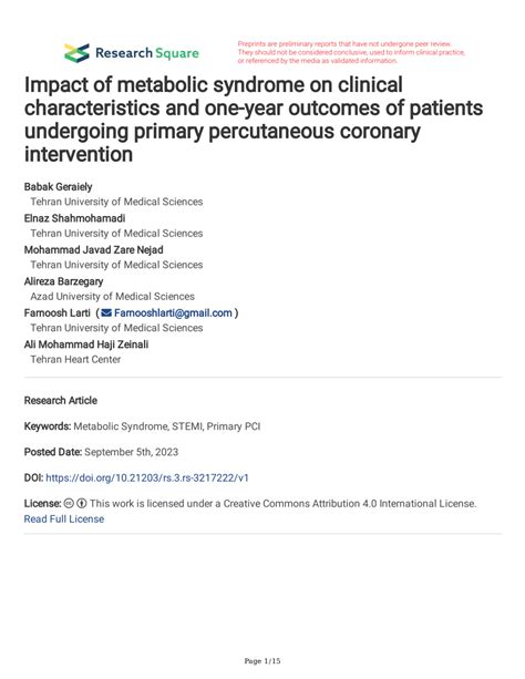 Pdf Impact Of Metabolic Syndrome On Clinical Characteristics And One