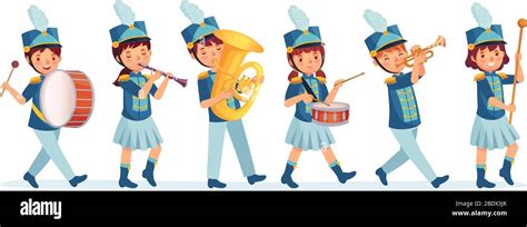 Cartoon kids marching band parade. Child musicians on march, childrens ...